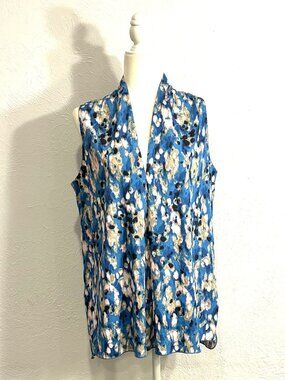 Nine West Sleeveless Blouse, Size L, Abstract Blues, Pink, Tank, V-neck